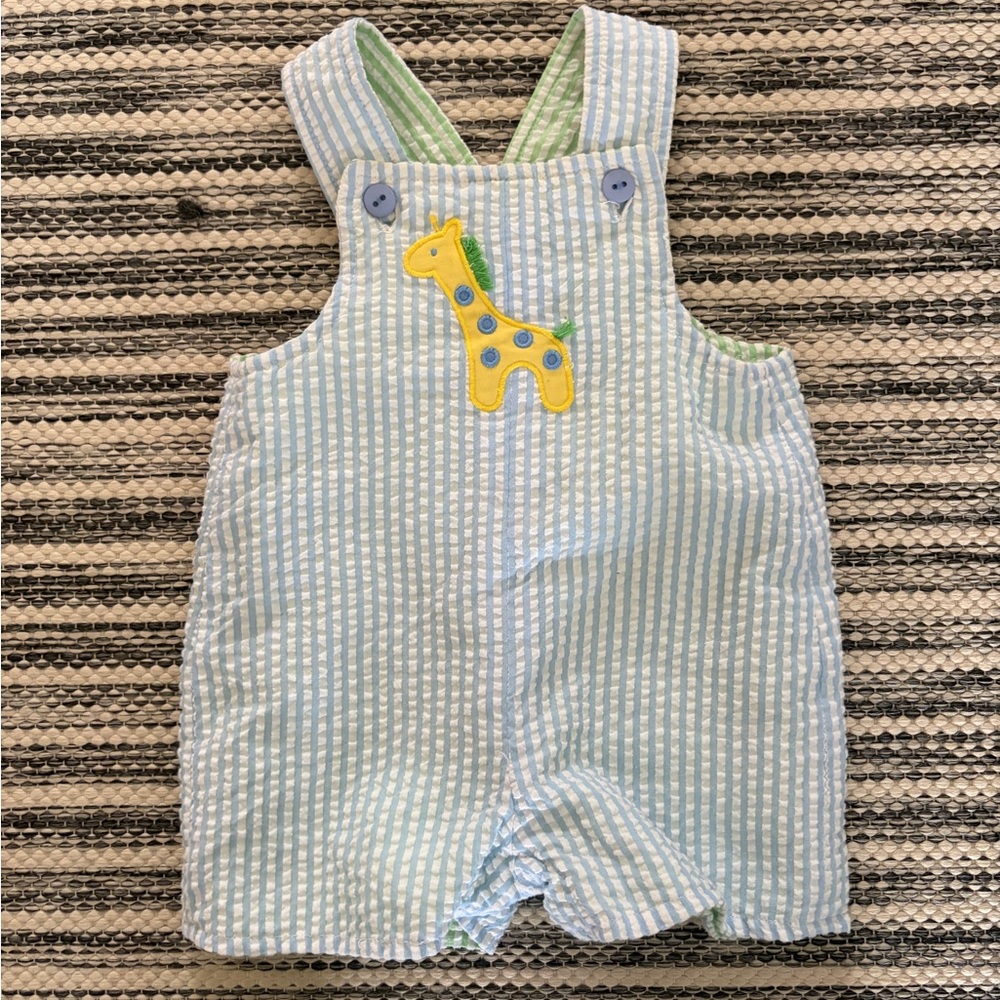 Florence Eiseman Blue and White Striped Overalls with Giraffe